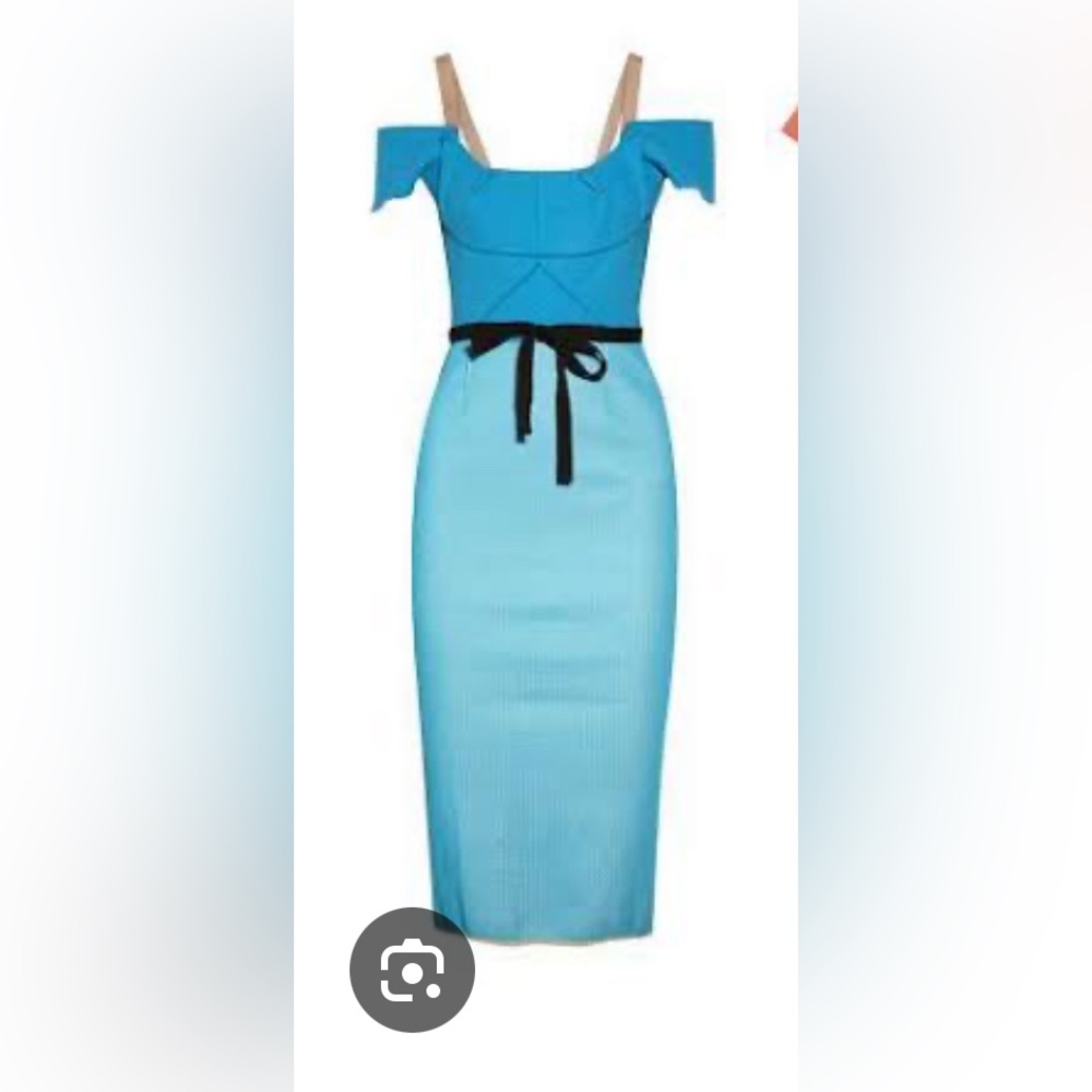 Roland Mouret Blue Midi Dress with Black belt off shoulder - Picture 2 of 6